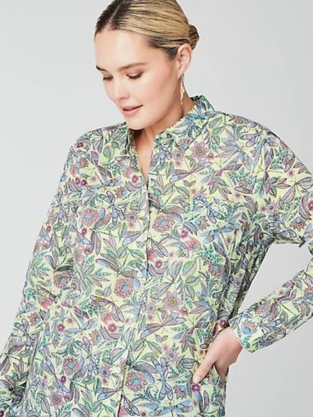 J. Jill Whimsical Dragonfly Paisley Floral Button Front Shirt Pastel Mint XL